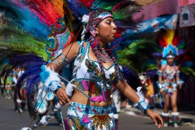 ARICA, ŞİLYA - 23 Ocak 2016: Geleneksel Andean kostümlü Tobas dansçıları Şili 'nin Arica kentindeki yıllık Karnaval Andino con la Fuerza del Sol' da sahne alıyorlar.