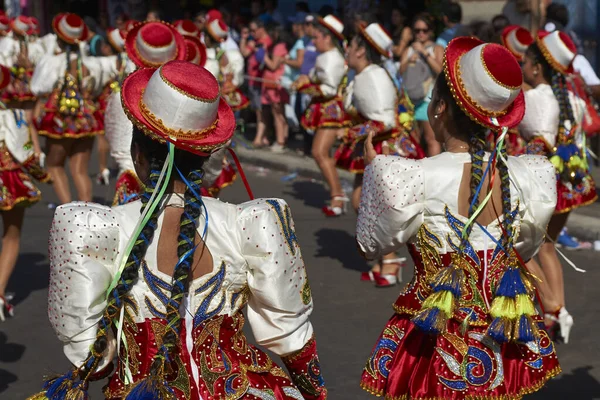 Arica Chile 2016 Január Egy Caporales Néptánccsoport Díszes Piros Fehér — Stock Fotó