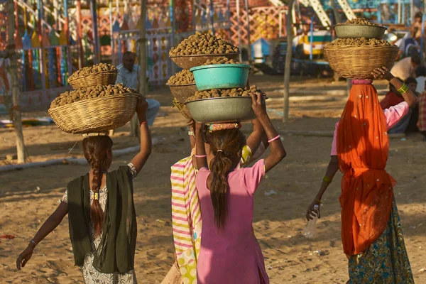 Pushkar Rajasthan India November 2008 Group Females Carrying Baskets Containing — Stock Photo, Image