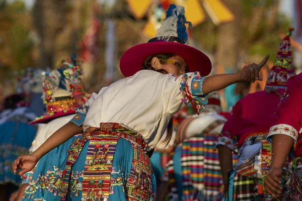 Arica Chile Januar 2016 Tinkus Tanzgruppe Farbenfrohen Kostümen Die Rahmen — Stockfoto