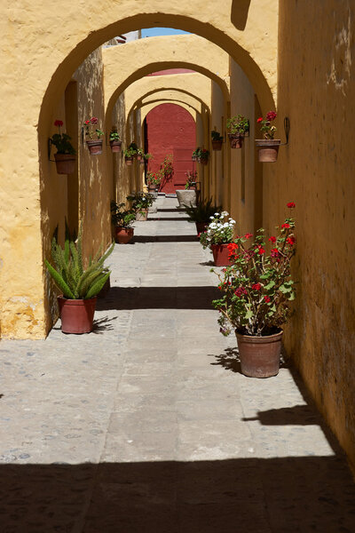 Secluded cloisters in the historic Monasterio Del Carmen in Arequipa, Peru