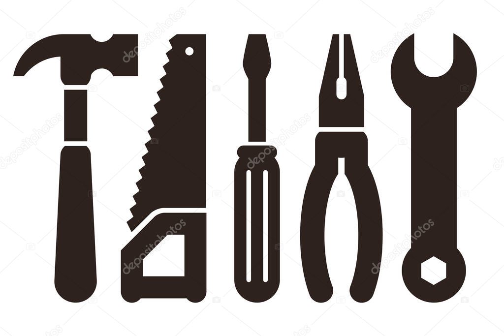 Hammer, saw, screwdriver, pliers and wrench. Tools icon set isolated on white background