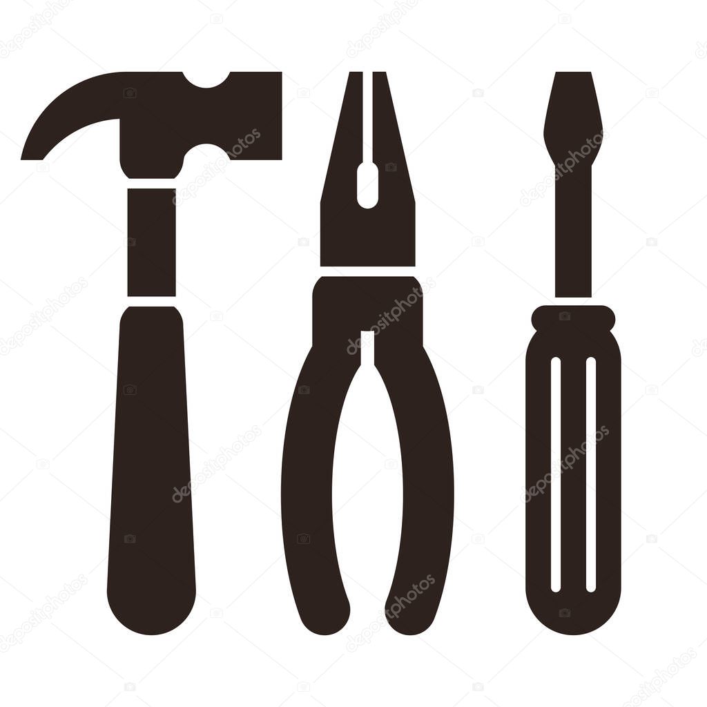 Hammer, pliers and screwdriver. Tools icon isolated on white background