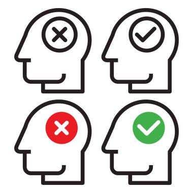 Kontrol et ve iptal et düğmesi olan insan kafası. Evet ve hayır sembolü. Kabul edilmiş ve reddedilmiş, onaylanmış ve onaylanmamış insanlar kavramı