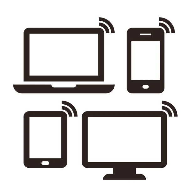 Laptop, mobiele telefoon, Tablet PC, monitor en draadloos netwerkpictogram — Stockvector