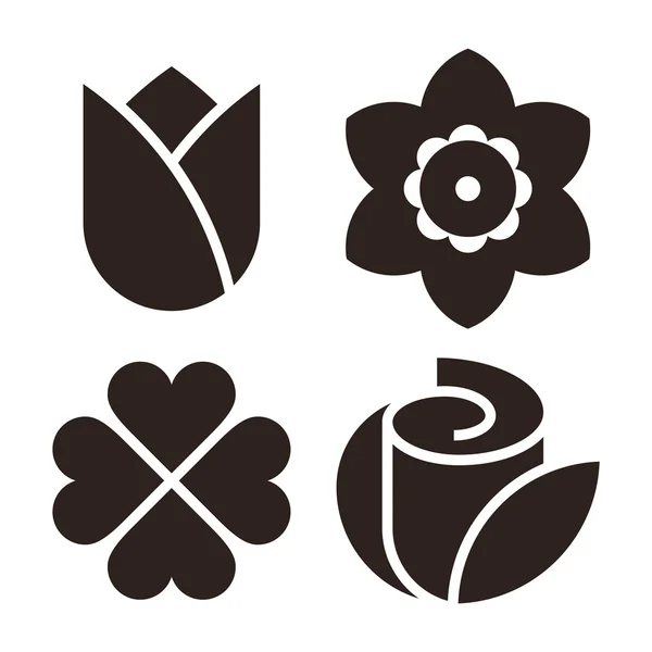 Blomma Ikonuppsättning - tulip, narcisser, klöver och rose — Stock vektor