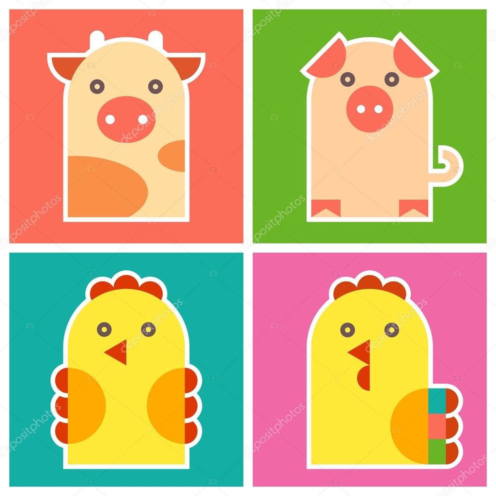 Farm animals -  chicken, cock, pig and cow