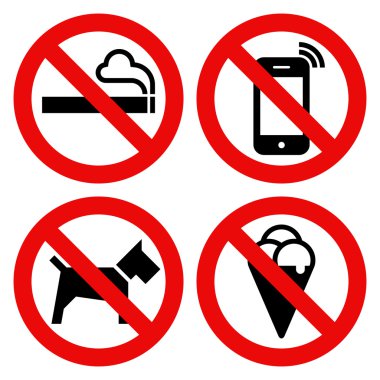 Sigara içmek yasak, cep telefonu yok, köpek ve yemek yasak işareti yasaktır
