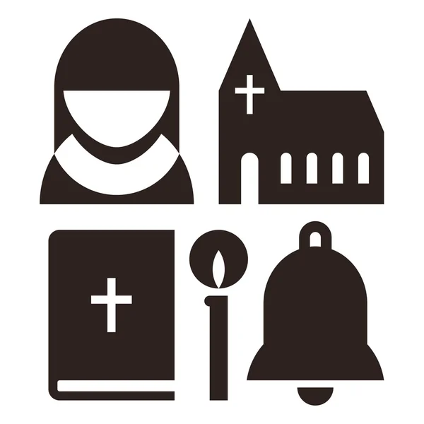 Nun, igreja, bíblia, velas e sinos ícones — Vetor de Stock