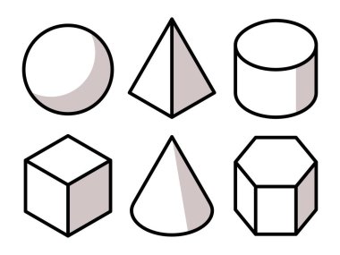 Beyaz arkaplanda izole edilmiş geometrik şekiller, koni, silindir, küre, küp ve piramit simgeleri koleksiyonu