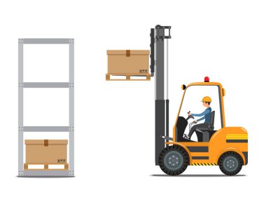 Forklift sürücüleri raflara sandıklar dolusu mal taşıyorlar..