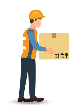 Warehouse worker holding shipping box, logistics concept.