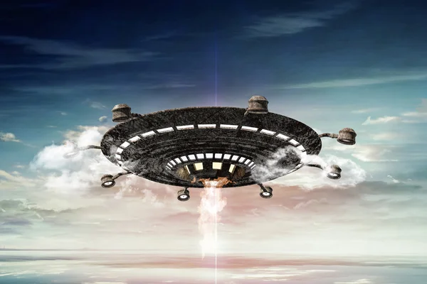 Ilustração 3d de um ufo rasty no céu — Fotografia de Stock