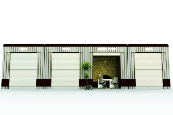 Ilustração 3d de um escritório de auto-armazenamento isolado em fundo branco — Fotografia de Stock