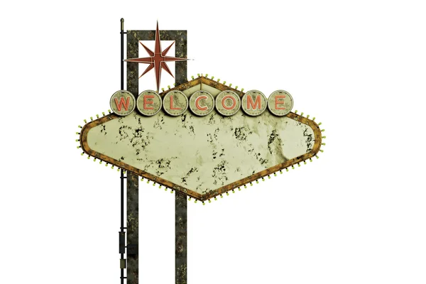 Ilustração 3d de um velho e enferrujado sinal de boas-vindas isolado no fundo branco — Fotografia de Stock