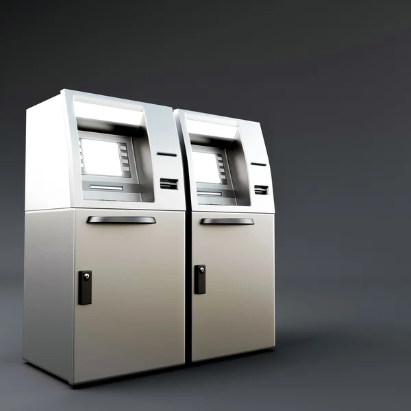 3D ilustracja dwóch ATM na białym tle na ciemnoszarym tle — Zdjęcie stockowe