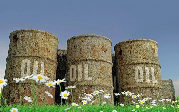 Illustration 3D de barils de pétrole rouillés sur un champ vert — Photo