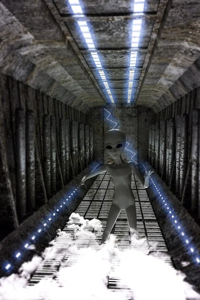 Bir uzay gemisi koridorda yürürken bir uzaylı 3D çizimi — Stok fotoğraf