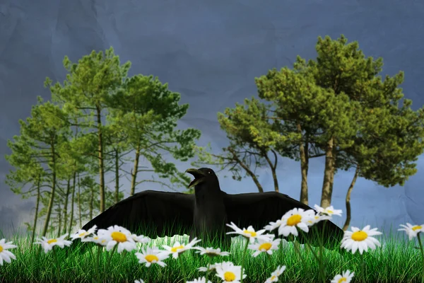 Yeşil çimenlerin üzerinde siyah bir kuzgun 3D çizimi — Stok fotoğraf