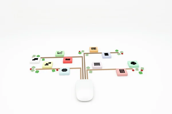Ilustración 3d de un ratón de ordenador conectado con iconos web — Foto de Stock