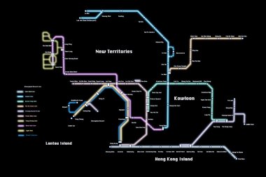 Honk Kong metro 3D illüstrasyon izole üzerinde siyah arka plan harita