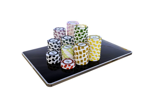 Tablet moderno com fichas de poker isoladas em fundo branco — Fotografia de Stock