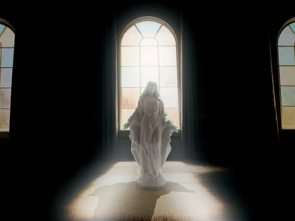 Büyük Bir Pencerenin Önündeki Bakire Meryem Heykeli — Stok fotoğraf