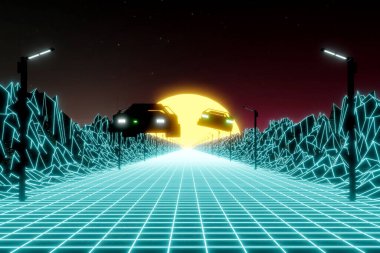 Sunset 3D illüstrasyonda teknolojik gelecekçi otoyol 