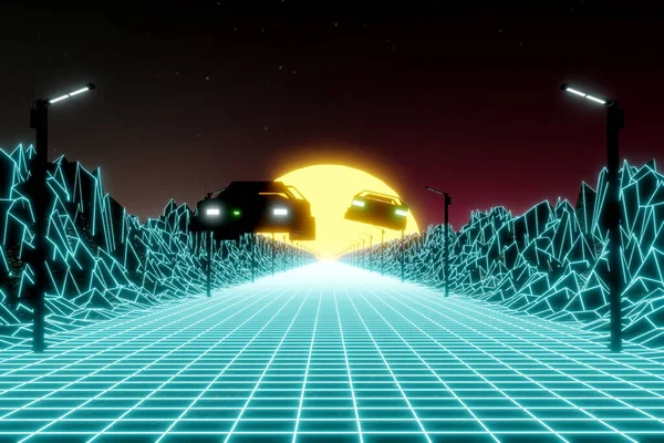 Carretera Futurista Tecnológica Atardecer Ilustración — Foto de Stock