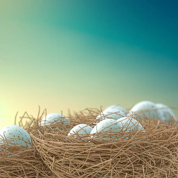 青い背景の3Dイラストで隔離された巣の中の卵 — ストック写真