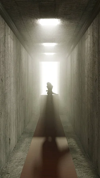 Woman Silhouette Sitting Concrete Corridor Illustration — Stock Photo, Image