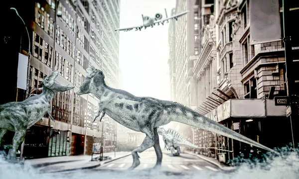 Dinosaurs fighting in the city center — Stock Photo, Image