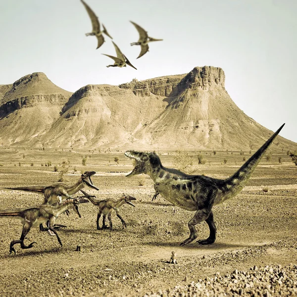 T-rex versus raptors — Stock Photo, Image