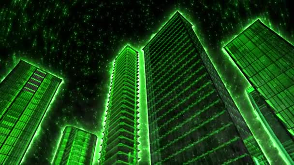 Green skyscrapers against a rotating starry sky. — Stock Video