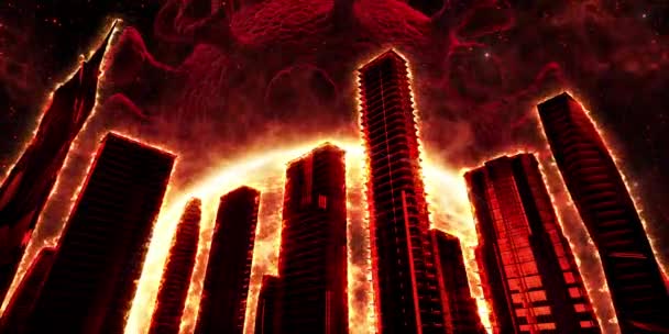 赤い星とコロナウイルスの背景に高層ビルが燃えています。ループビデオ — ストック動画