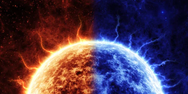 Illustrazione astratta di metà di una stella rossa e blu sullo sfondo dello spazio stellare. — Foto Stock