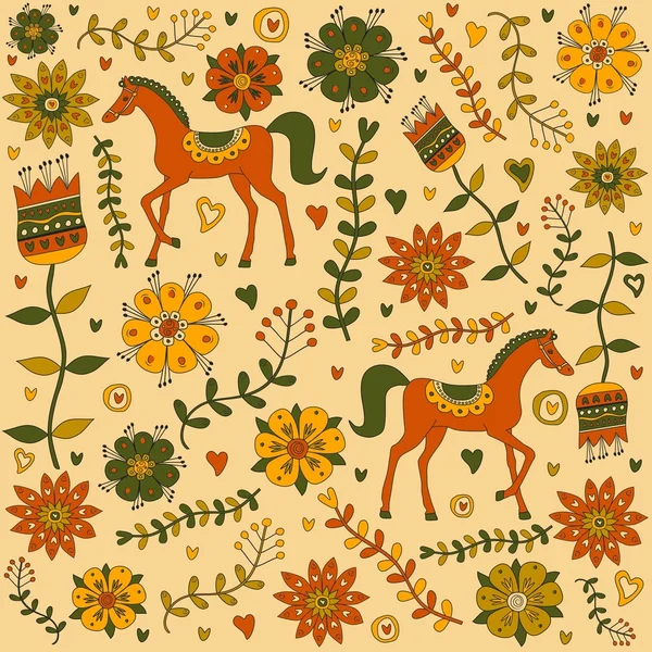 Летний бесшовный цветочный узор с лошадьми Стоковая Иллюстрация