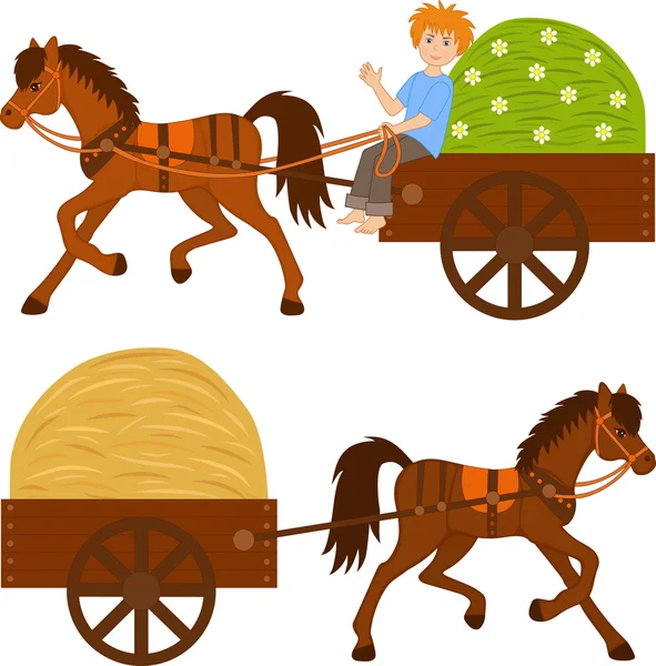 Dos carros con el agricultor, el heno y la hierba — Vector de stock