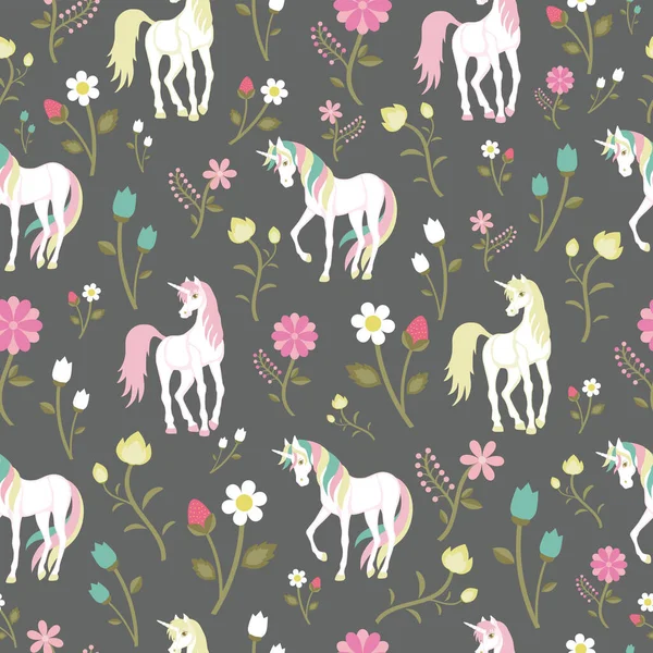 Textura Sin Costuras Patrón Floral Con Unicornios Mágicos — Vector de stock