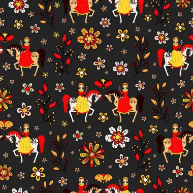 Kusursuz doku, kız, at ve çiçekler halk tarzında.