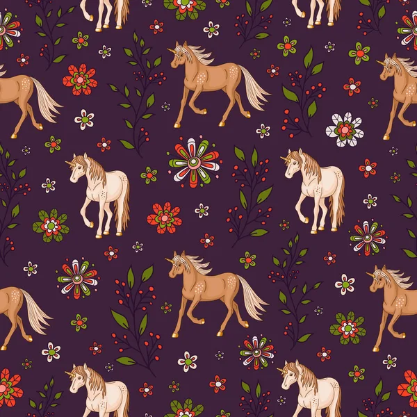 Hermosa Textura Sin Costuras Con Unicornios Flores — Vector de stock