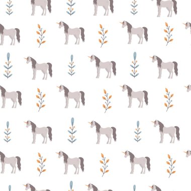 Kusursuz doku, bitkilerin arka planında tek boynuzlu atlar. Tekstil ve duvar kağıtları için tasarım.