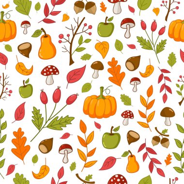 Balkabağı, elma, armut, kestane ve Rowan ile sonbahar deseni. Paket kağıdı, arkaplan, duvar kağıdı, tekstil, kumaş