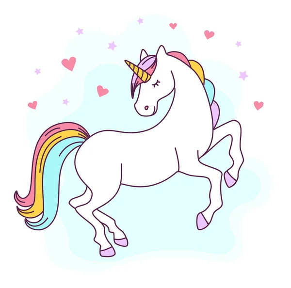 Unicorn Imut Dengan Rambut Pelangi Latar Belakang Bintang Dan Hati - Stok Vektor