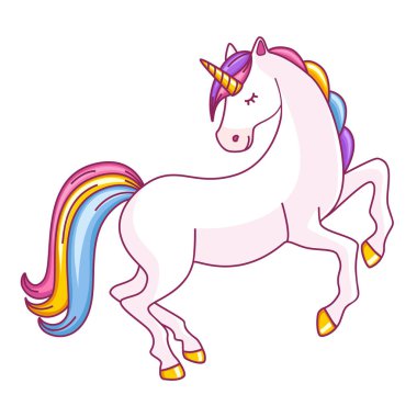 Renkli saçlı, tatlı bir tek boynuzlu at. İzole edilmiş bir vektör nesnesi.