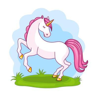 Gökyüzü arka planında tatlı, uyuyan tek boynuzlu at. Kartpostallar, dekorasyon, kıyafetler için.