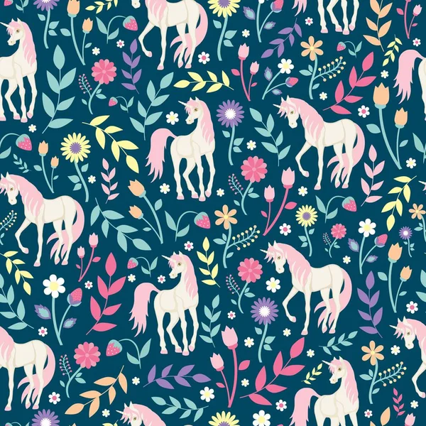 Fabulosa Textura Perfecta Con Unicornios Flores Para Textiles Fondo Tela — Vector de stock