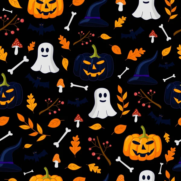 Texture Halloween Sans Couture Avec Lanterne Jack Fantômes Chauves Souris — Image vectorielle