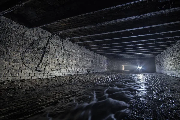 Alter Rechteckiger Kanal Oder Entwässerungstunnel Mit Wurzeln Darin Beleuchtet Von — Stockfoto