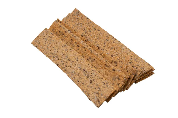 Stack of rectangular bread crisps isolated on white background. Top view close-up.